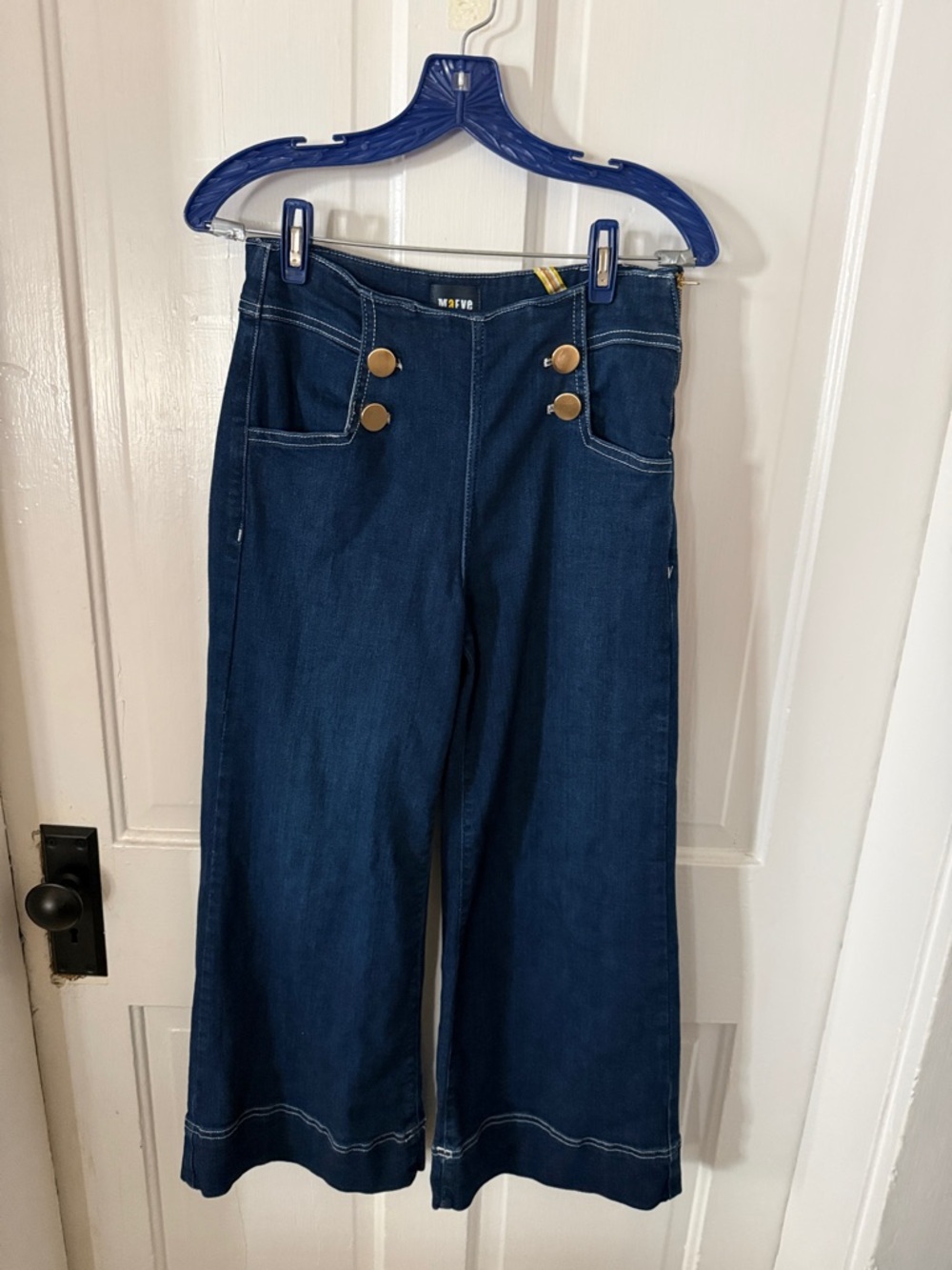 Maeve Dark Blue Wide-Leg Sailor Jeans with Gold Buttons